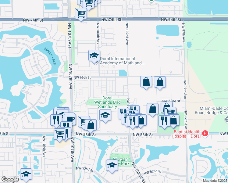 map of restaurants, bars, coffee shops, grocery stores, and more near 6402 Northwest 102nd Path in Doral
