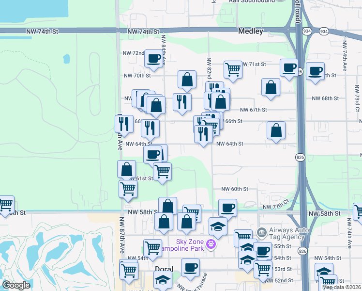map of restaurants, bars, coffee shops, grocery stores, and more near 8376 NorthWest 64th Street in Miami