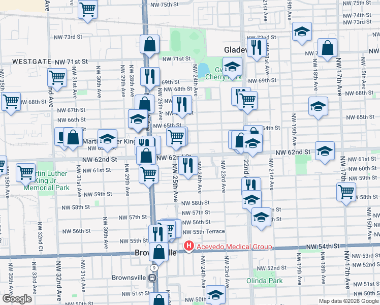 map of restaurants, bars, coffee shops, grocery stores, and more near 2445 Northwest 62nd Street in Miami