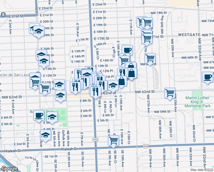 map of restaurants, bars, coffee shops, grocery stores, and more near 901 East 9th Place in Hialeah