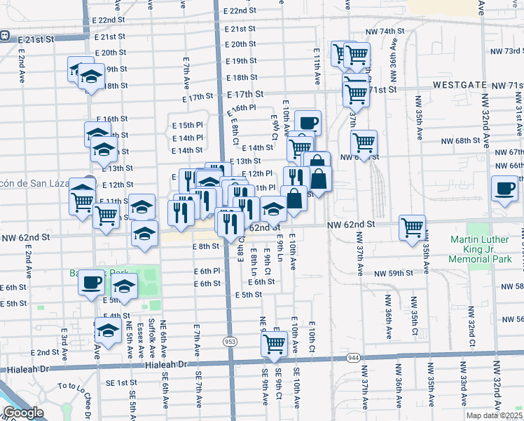 map of restaurants, bars, coffee shops, grocery stores, and more near 901 East 9th Place in Hialeah