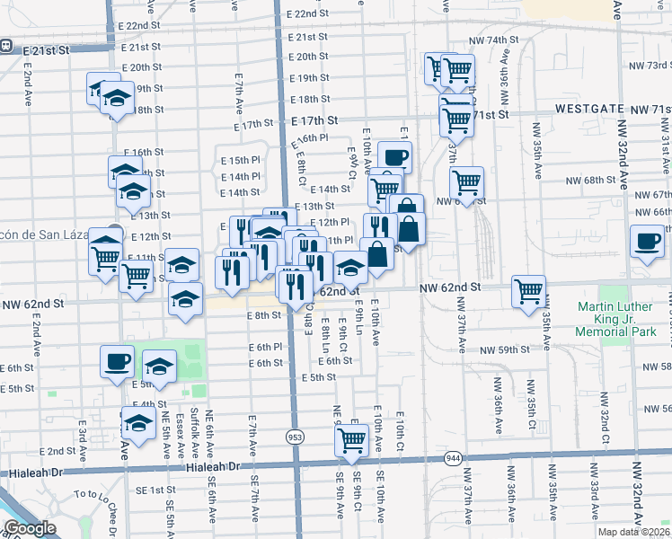 map of restaurants, bars, coffee shops, grocery stores, and more near 901 East 9th Place in Hialeah