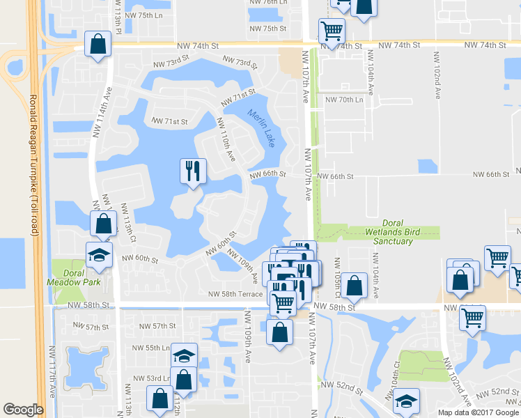 map of restaurants, bars, coffee shops, grocery stores, and more near 6425 Northwest 109th Avenue in Doral