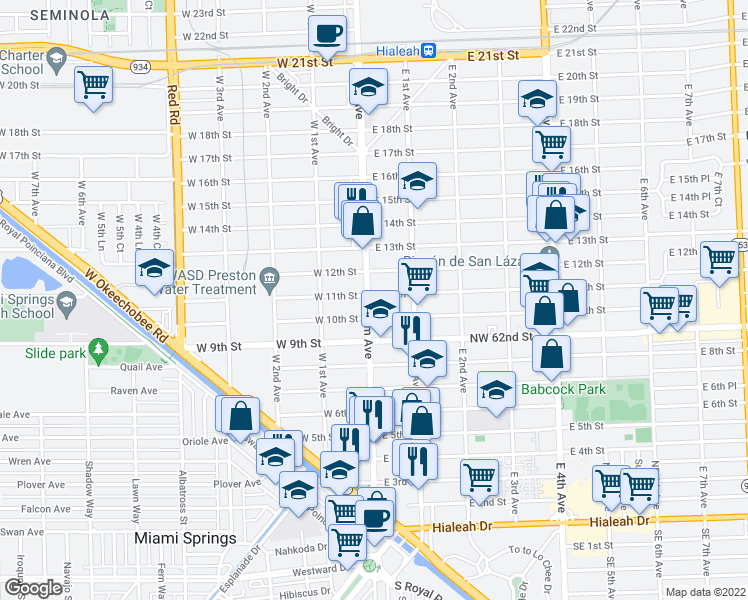 map of restaurants, bars, coffee shops, grocery stores, and more near 1055 Palm Avenue in Hialeah