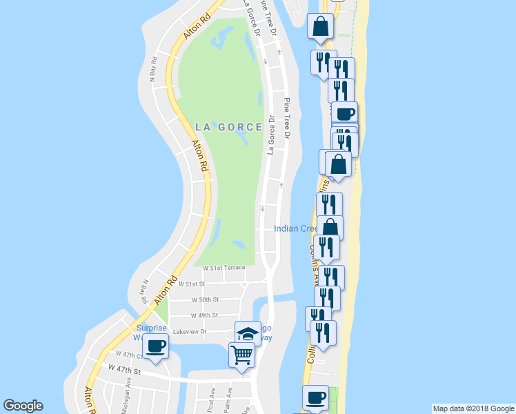 map of restaurants, bars, coffee shops, grocery stores, and more near 5360 Lagorce Drive in Miami Beach