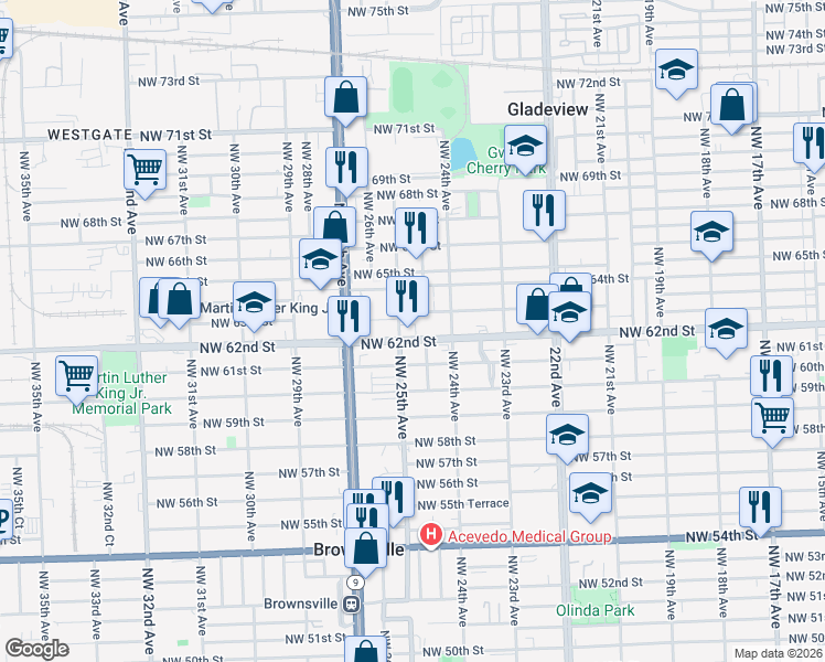 map of restaurants, bars, coffee shops, grocery stores, and more near 2445 Northwest 62nd Street in Miami