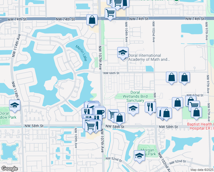 map of restaurants, bars, coffee shops, grocery stores, and more near 6324 Northwest 105th Place in Doral