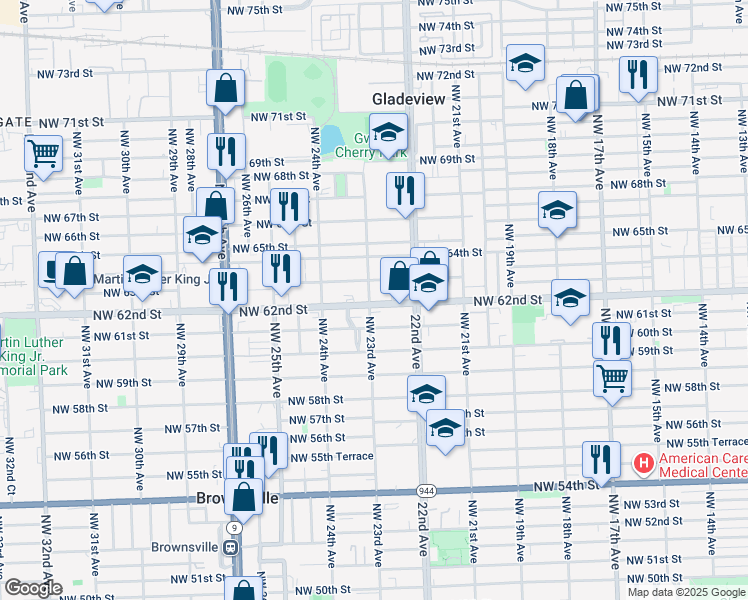 map of restaurants, bars, coffee shops, grocery stores, and more near 6193 Northwest 23rd Avenue in Miami