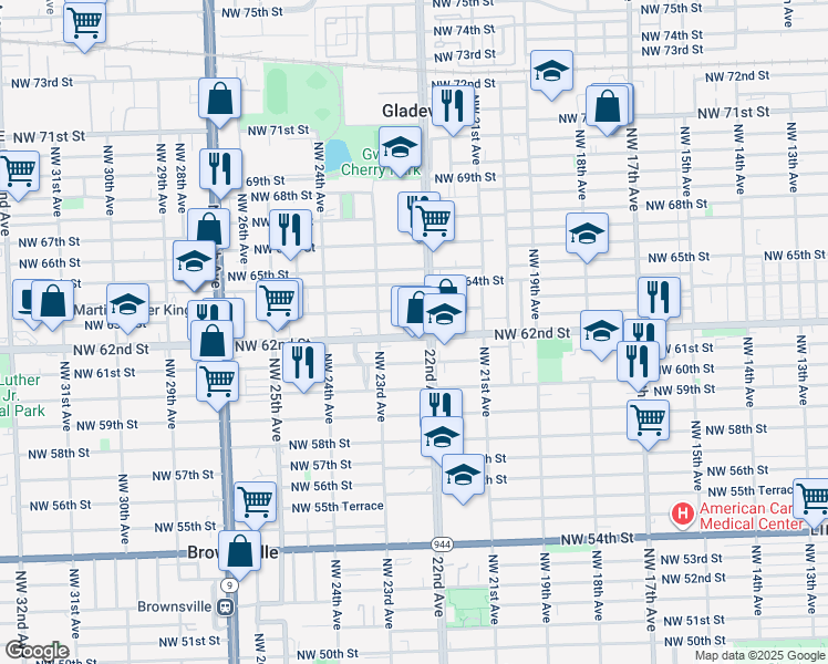 map of restaurants, bars, coffee shops, grocery stores, and more near 2229 Northwest 62nd Street in Miami