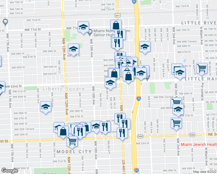 map of restaurants, bars, coffee shops, grocery stores, and more near in Miami