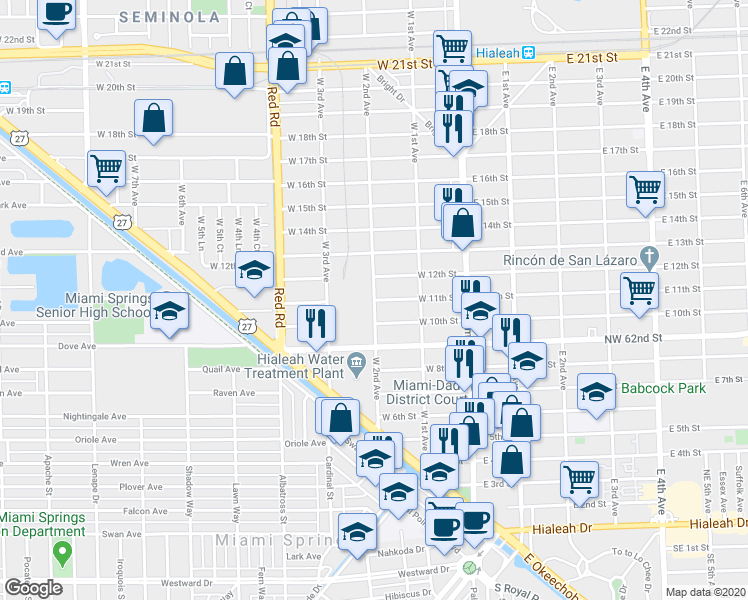 map of restaurants, bars, coffee shops, grocery stores, and more near 1100 West 2nd Avenue in Hialeah