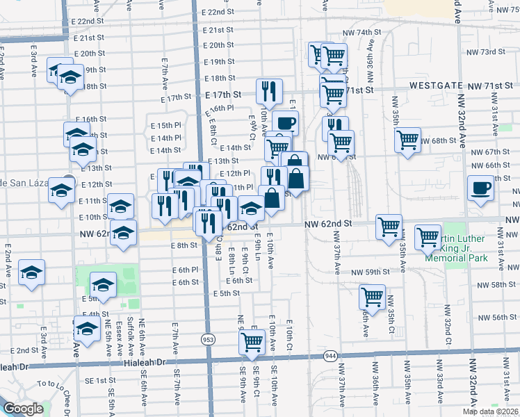 map of restaurants, bars, coffee shops, grocery stores, and more near 941 East 9th Court in Hialeah