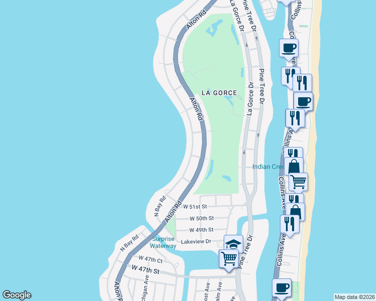 map of restaurants, bars, coffee shops, grocery stores, and more near 5310 North Bay Road in Miami Beach