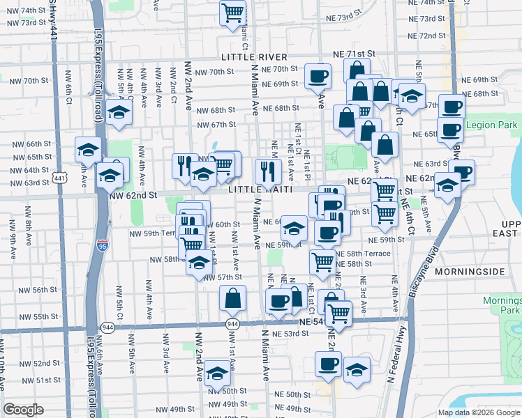 map of restaurants, bars, coffee shops, grocery stores, and more near 21 Northeast 60th Terrace in Miami