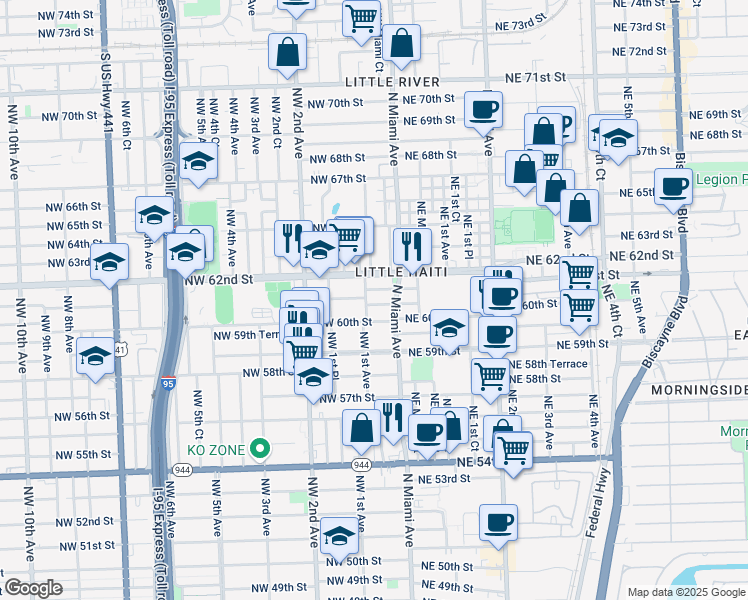 map of restaurants, bars, coffee shops, grocery stores, and more near 47 Northwest 60th Terrace in Miami