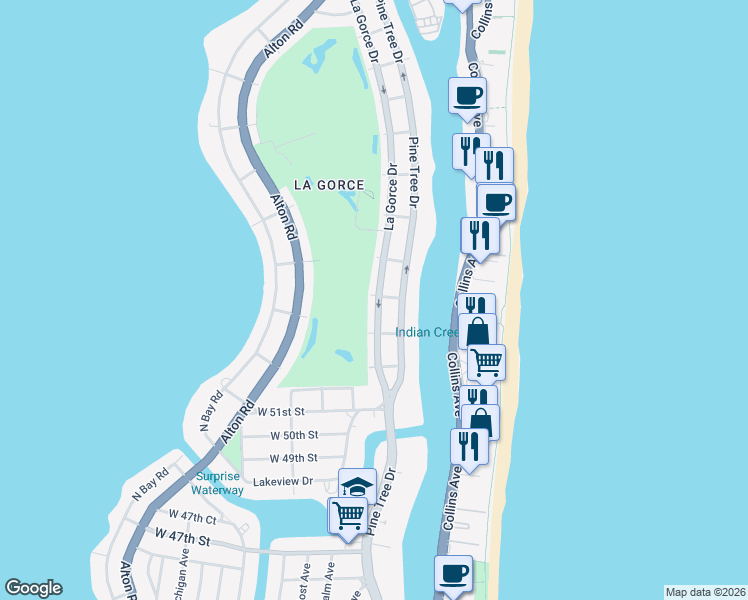 map of restaurants, bars, coffee shops, grocery stores, and more near 5360 West 54th Street in Miami Beach