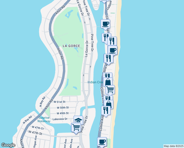 map of restaurants, bars, coffee shops, grocery stores, and more near 5369 Pine Tree Drive in Miami Beach