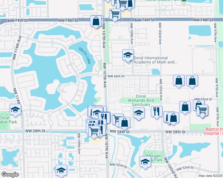 map of restaurants, bars, coffee shops, grocery stores, and more near 6323 Northwest 105th Court in Doral