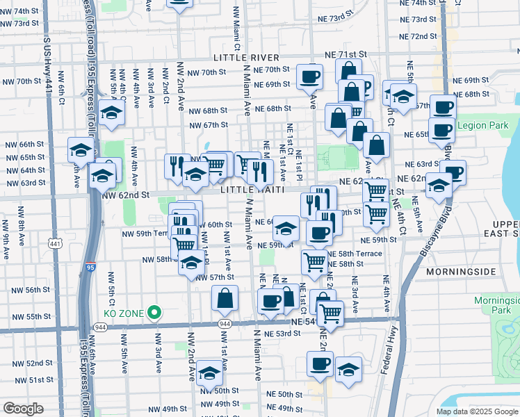 map of restaurants, bars, coffee shops, grocery stores, and more near 37 Northeast 60th Terrace in Miami