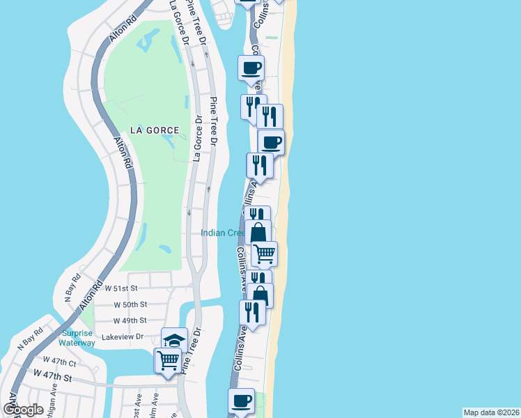 map of restaurants, bars, coffee shops, grocery stores, and more near 5313 Collins Avenue in Miami Beach