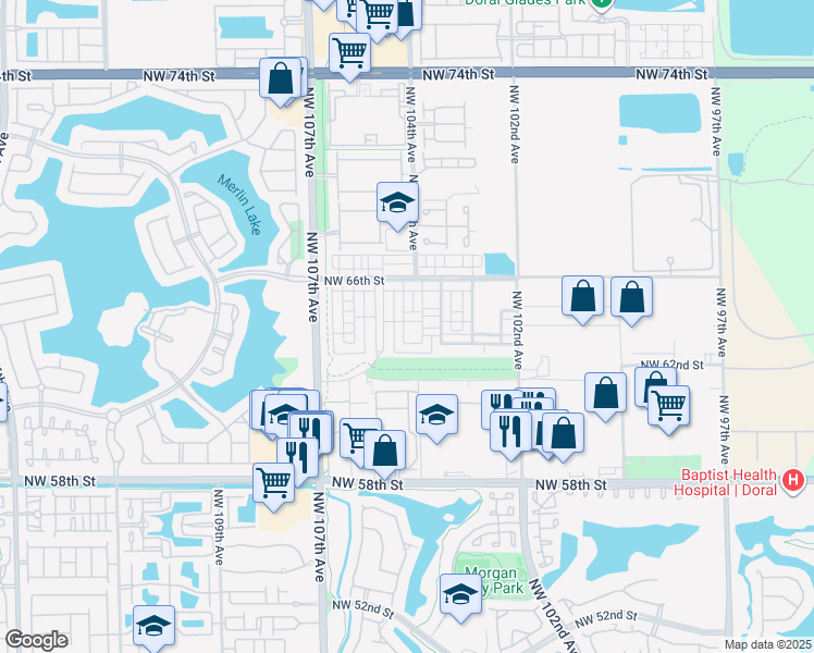 map of restaurants, bars, coffee shops, grocery stores, and more near 6338 Northwest 104th Court in Doral