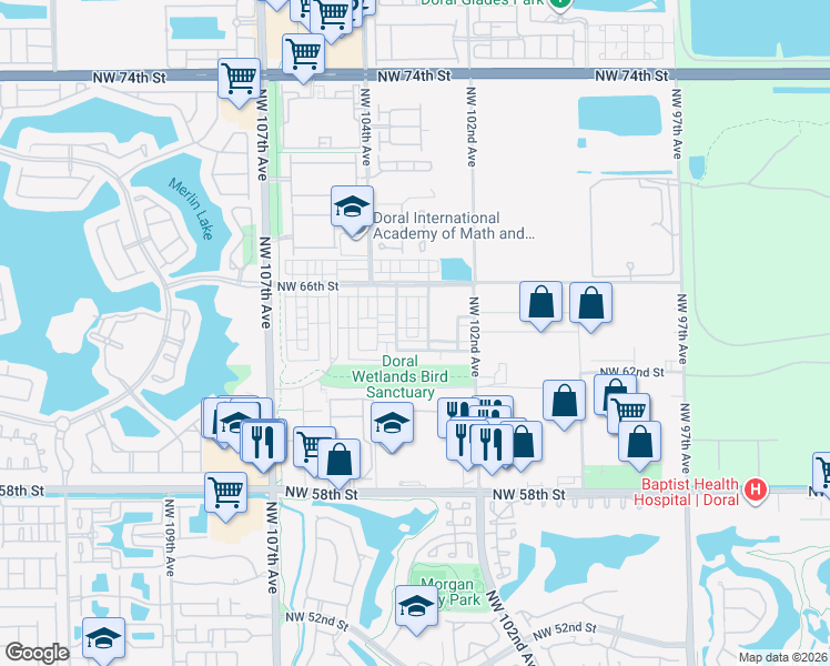 map of restaurants, bars, coffee shops, grocery stores, and more near 6402 Northwest 102nd Path in Doral