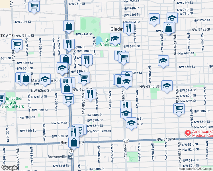 map of restaurants, bars, coffee shops, grocery stores, and more near 6193 Northwest 23rd Avenue in Miami