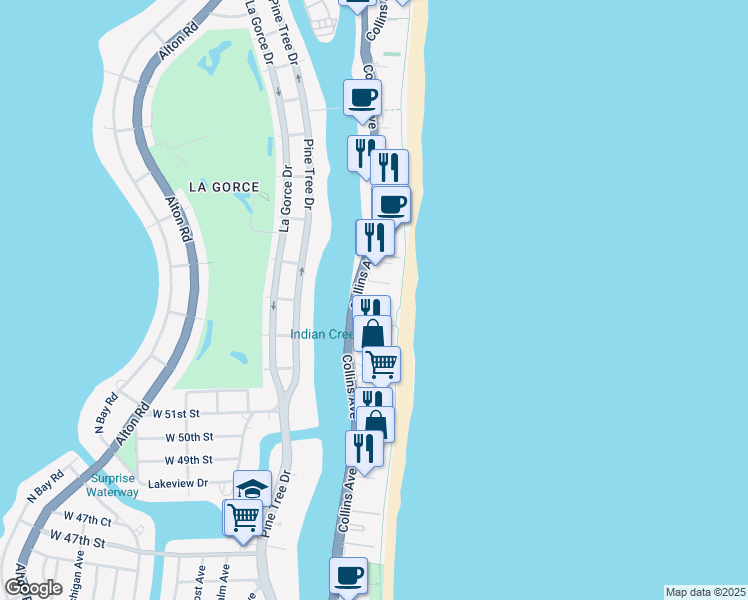 map of restaurants, bars, coffee shops, grocery stores, and more near 5313 Collins Avenue in Miami Beach