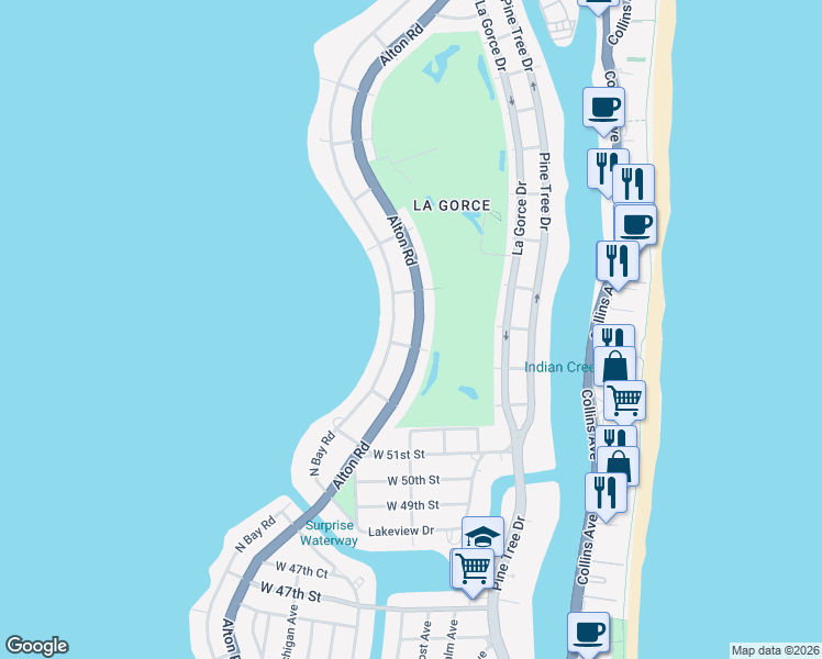 map of restaurants, bars, coffee shops, grocery stores, and more near 5311 Alton Road in Miami Beach