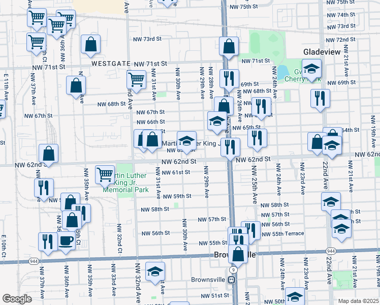 map of restaurants, bars, coffee shops, grocery stores, and more near 2945 Northwest 62nd Street in Miami