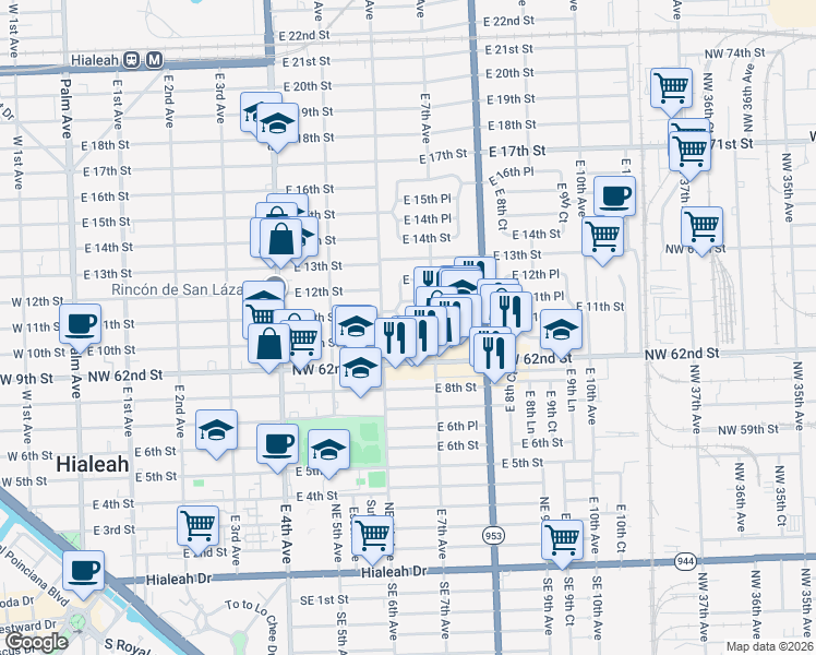 map of restaurants, bars, coffee shops, grocery stores, and more near 1010 East 6th Lane in Hialeah