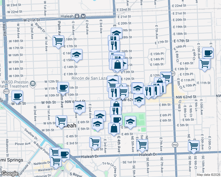 map of restaurants, bars, coffee shops, grocery stores, and more near 1040 Flamingo Way in Hialeah