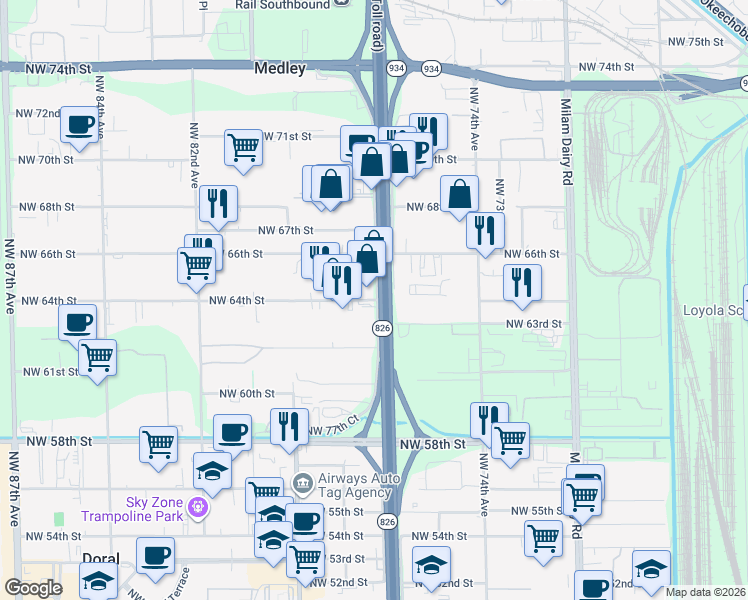 map of restaurants, bars, coffee shops, grocery stores, and more near 6312 Northwest 77th Court in Miami