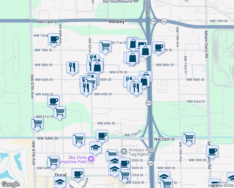 map of restaurants, bars, coffee shops, grocery stores, and more near 7942-7948 NorthWest 64th Street in Miami