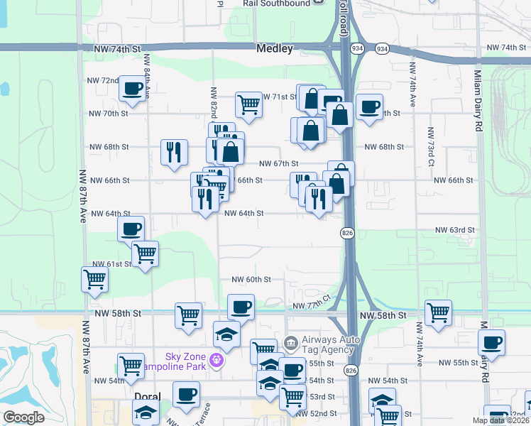map of restaurants, bars, coffee shops, grocery stores, and more near 7947 NorthWest 64th Street in Miami