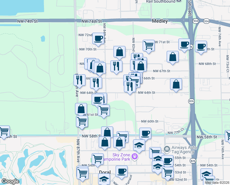 map of restaurants, bars, coffee shops, grocery stores, and more near 8376 NorthWest 64th Street in Miami