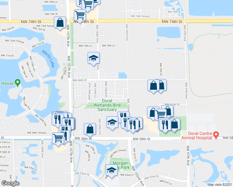 map of restaurants, bars, coffee shops, grocery stores, and more near 6402 Northwest 102nd Path in Doral