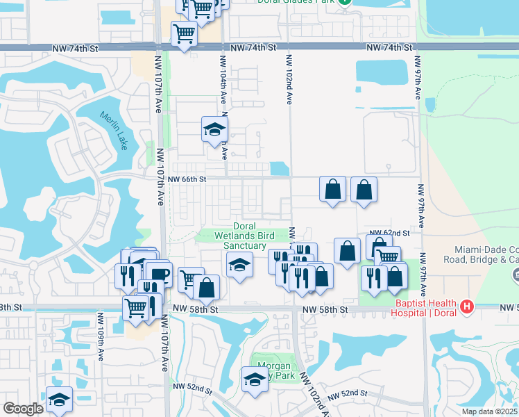 map of restaurants, bars, coffee shops, grocery stores, and more near 6402 Northwest 102nd Path in Doral