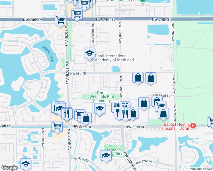 map of restaurants, bars, coffee shops, grocery stores, and more near 6402 Northwest 102nd Path in Doral