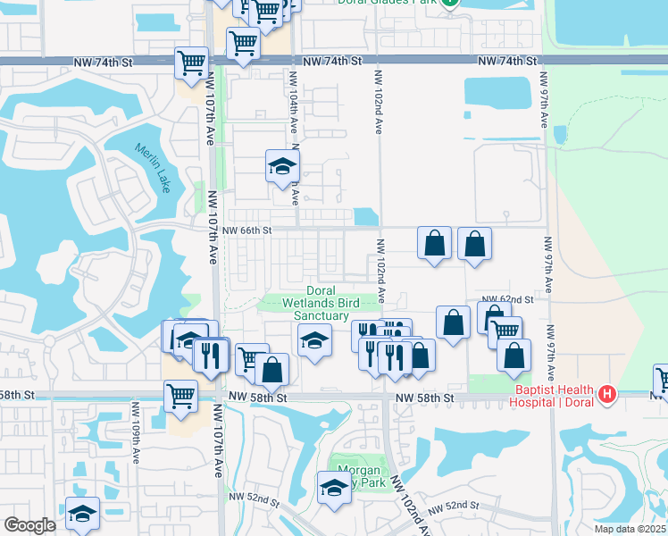 map of restaurants, bars, coffee shops, grocery stores, and more near 6402 Northwest 102nd Path in Doral