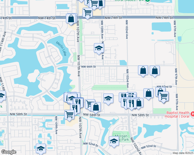 map of restaurants, bars, coffee shops, grocery stores, and more near 6338 Northwest 104th Court in Doral