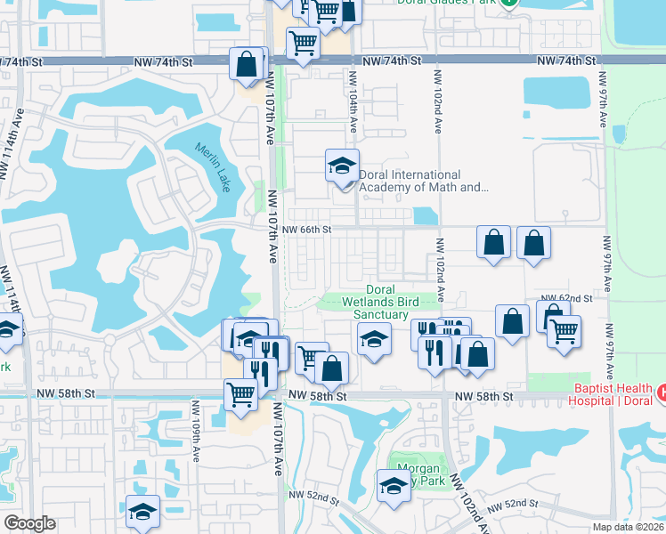 map of restaurants, bars, coffee shops, grocery stores, and more near 6338 Northwest 104th Court in Doral
