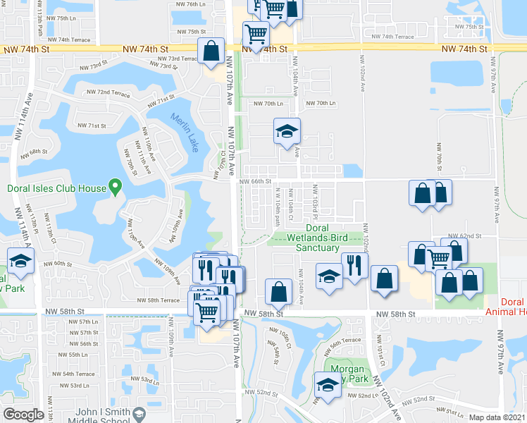 map of restaurants, bars, coffee shops, grocery stores, and more near 6323 Northwest 105th Court in Doral