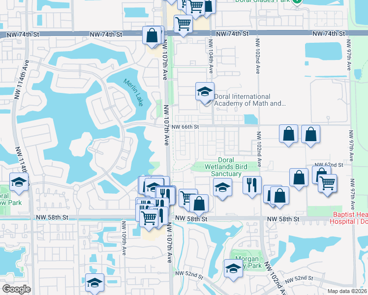 map of restaurants, bars, coffee shops, grocery stores, and more near 6323 Northwest 105th Court in Doral