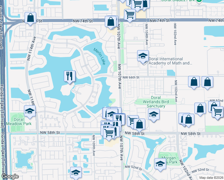 map of restaurants, bars, coffee shops, grocery stores, and more near 10750 Northwest 66th Street in Doral