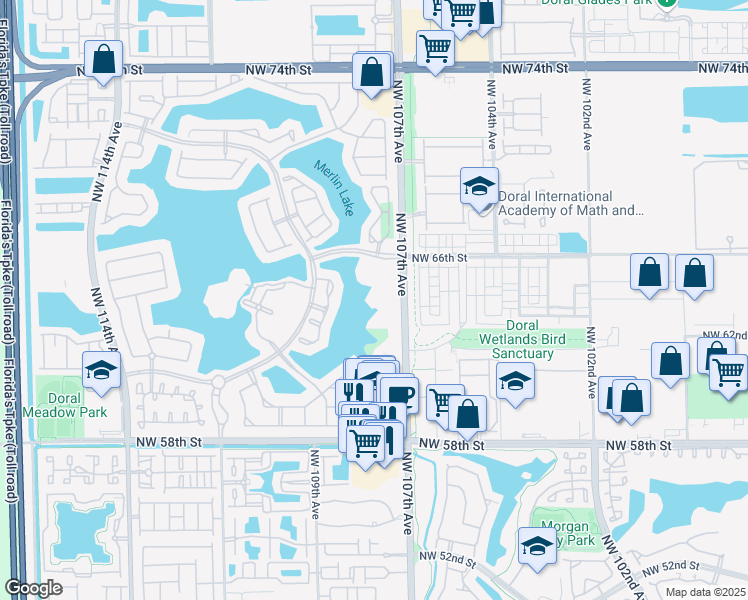 map of restaurants, bars, coffee shops, grocery stores, and more near 10750 Northwest 66th Street in Doral