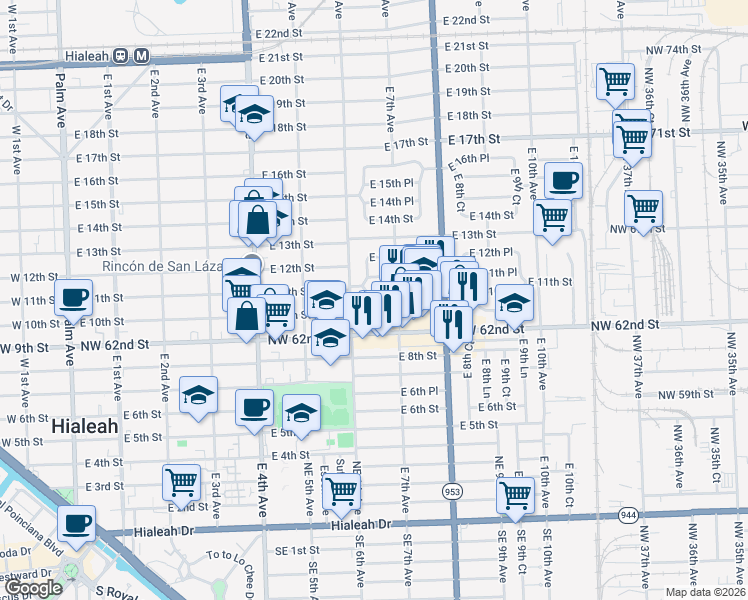 map of restaurants, bars, coffee shops, grocery stores, and more near 1010 East 6th Lane in Hialeah