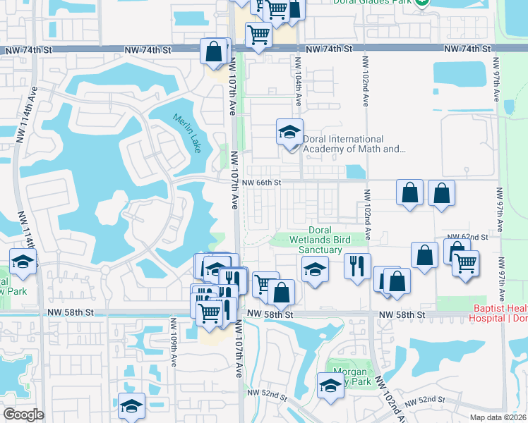 map of restaurants, bars, coffee shops, grocery stores, and more near 6323 Northwest 105th Court in Doral