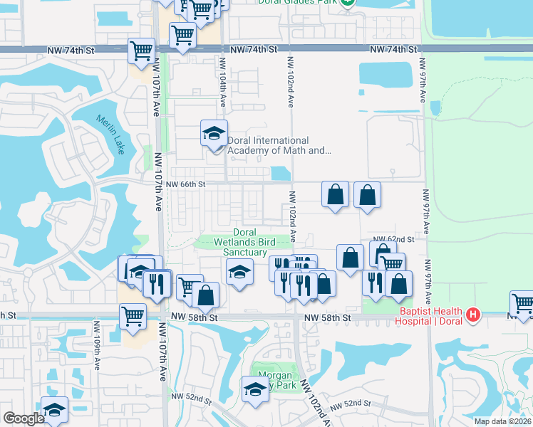 map of restaurants, bars, coffee shops, grocery stores, and more near 6402 Northwest 102nd Path in Doral