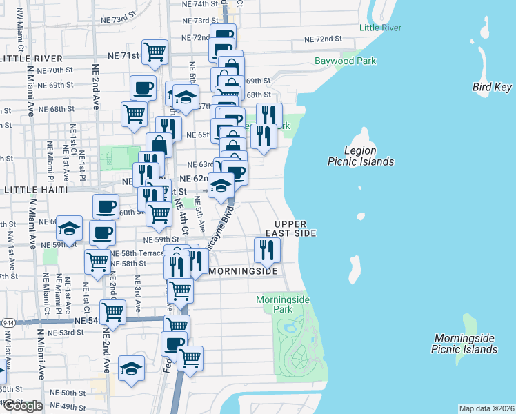 map of restaurants, bars, coffee shops, grocery stores, and more near 5991 Northeast 6th Court in Miami